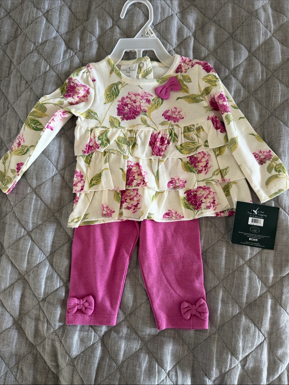 Laura Ashley Cream Floral Ruffle Top with Pink Bow Leggings